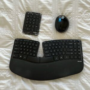 Wireless keyboard, number pad and mouse.